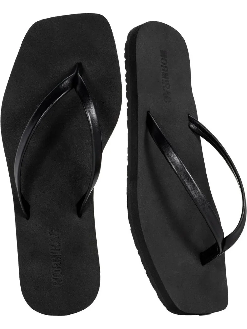 Women's Black Faux Leather Summer Comfortable Flip Flops Square Toe Flat Sandals